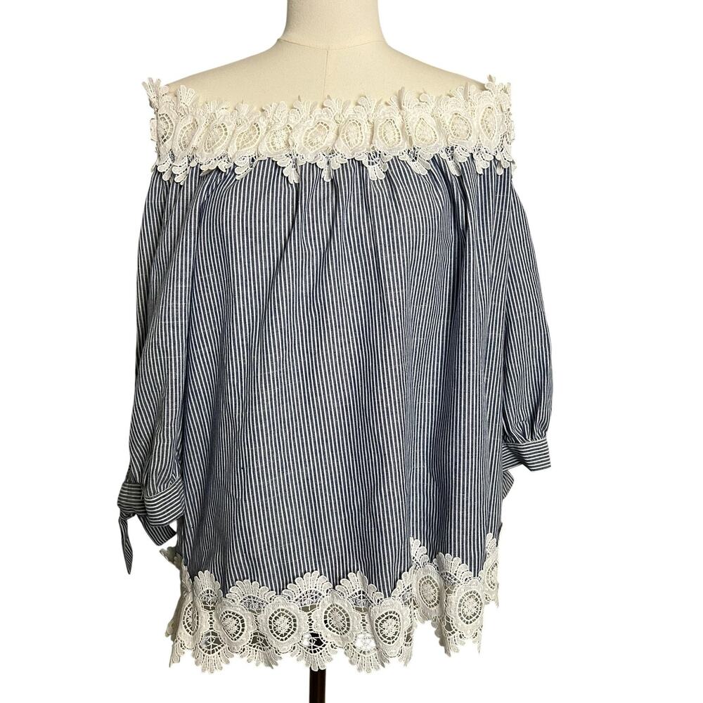 Fever Tunic Blouse Womens Large Blue Stripe Off Shoulder Crochet Lace Boho